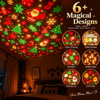 Cartoon Christmas projection light showing Santa and snowmen on a bedroom ceiling