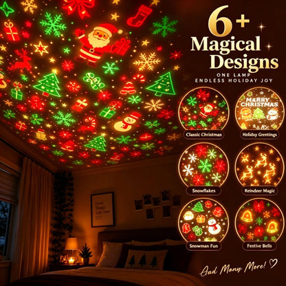 Cartoon Christmas projection light showing Santa and snowmen on a bedroom ceiling