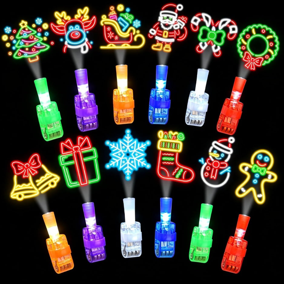 Child wearing glowing Jolly Finger Lights at a Christmas party