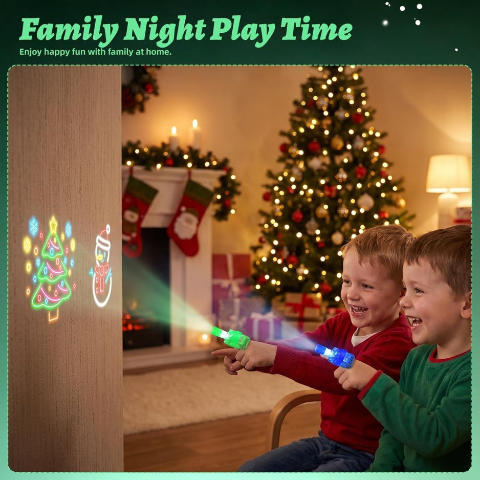 Child wearing glowing Jolly Finger Lights at a Christmas party