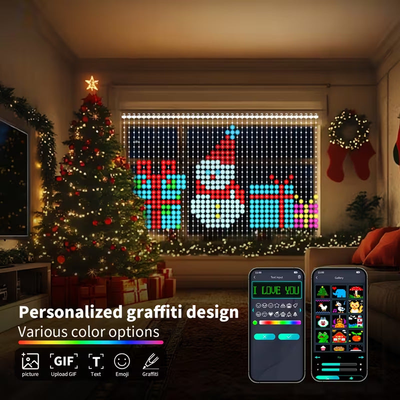 LED curtain fairy lights in warm white hanging on a living room window for Christmas