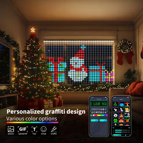 LED curtain fairy lights in warm white hanging on a living room window for Christmas