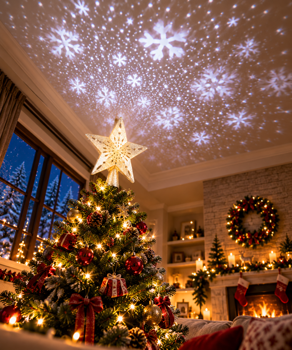 Snowfall Star tree topper glowing on top of a green Christmas tree