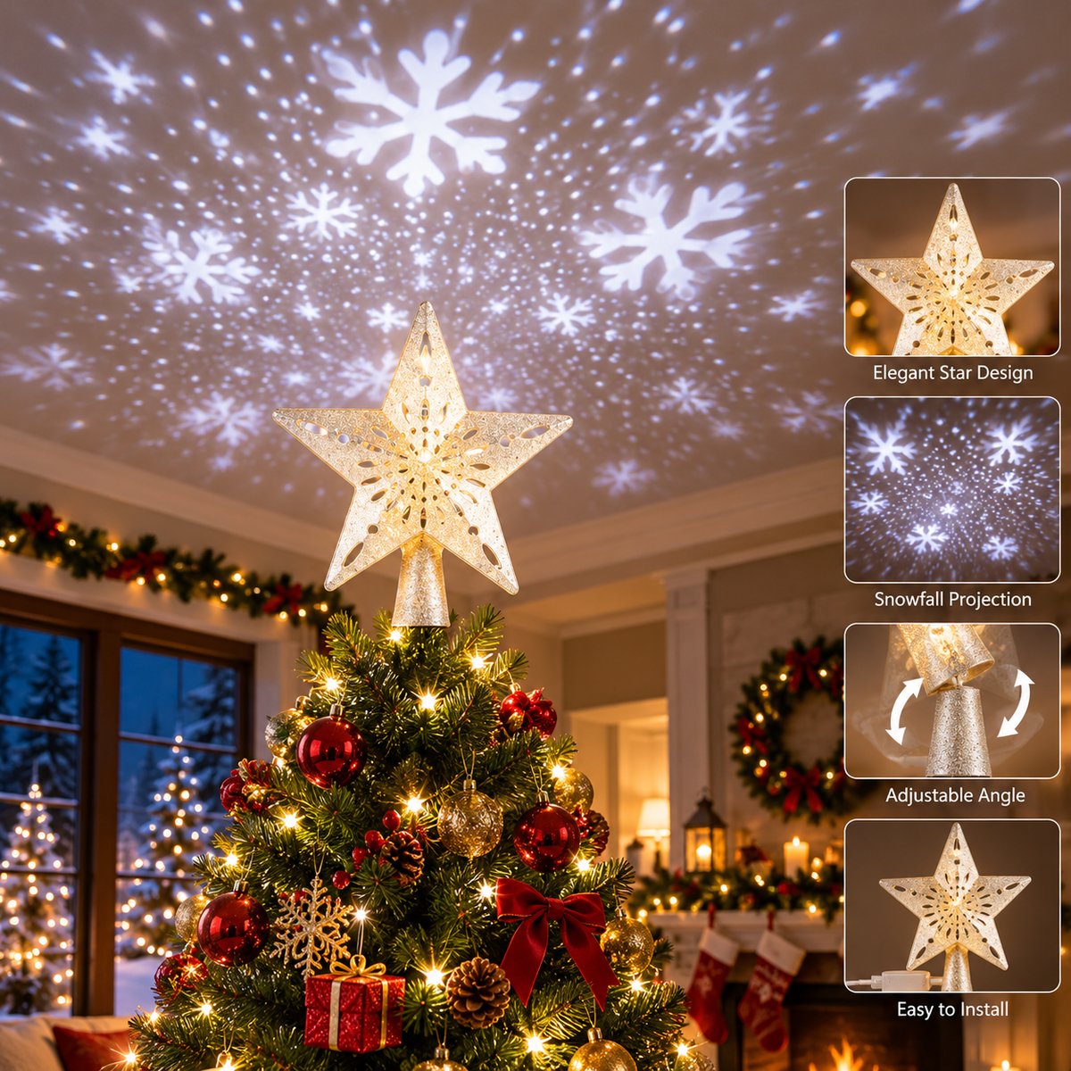 Snowfall Star tree topper glowing on top of a green Christmas tree