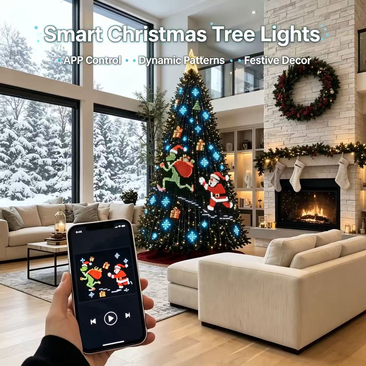 TreeGlow smart lights on a Christmas tree glowing in a cozy living room
