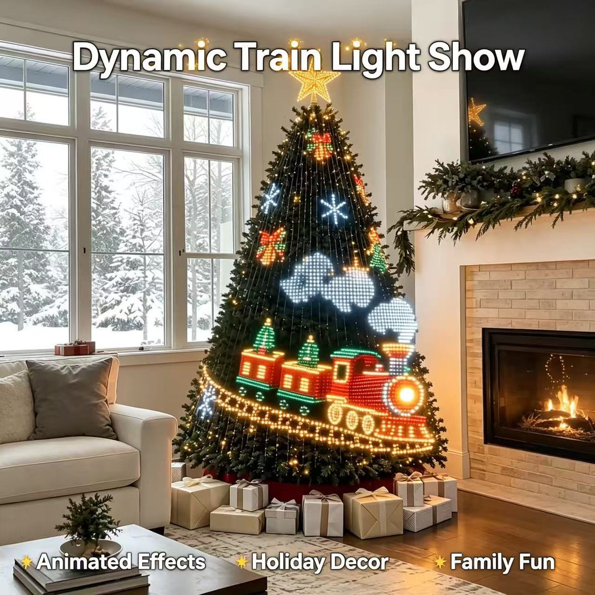 TreeGlow smart lights on a Christmas tree glowing in a cosy living room