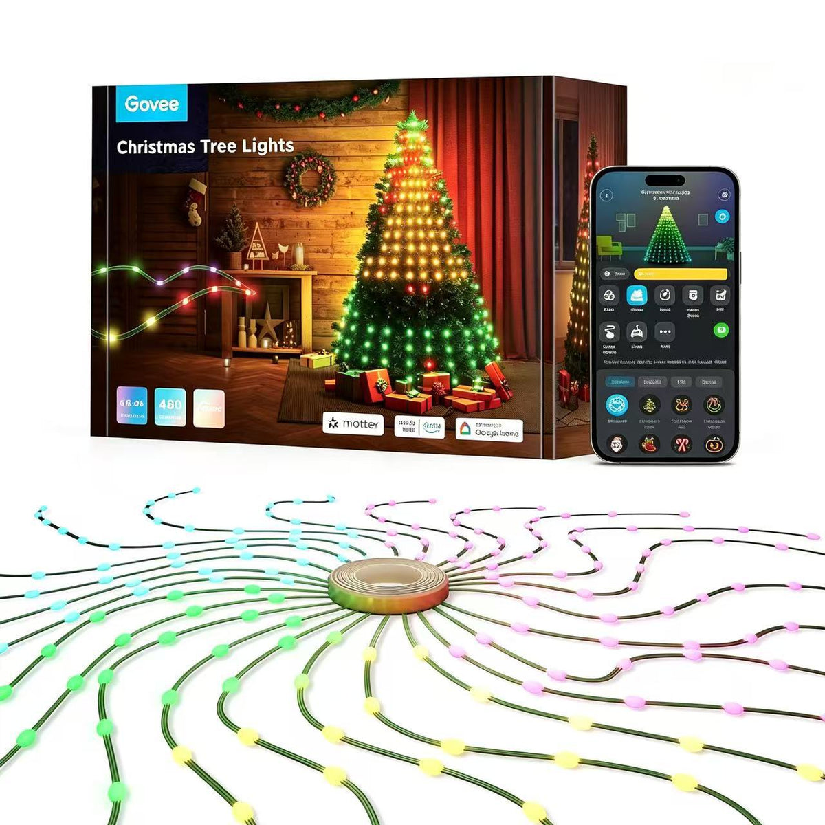 Phone showing the TreeGlow app to change Christmas tree light colours